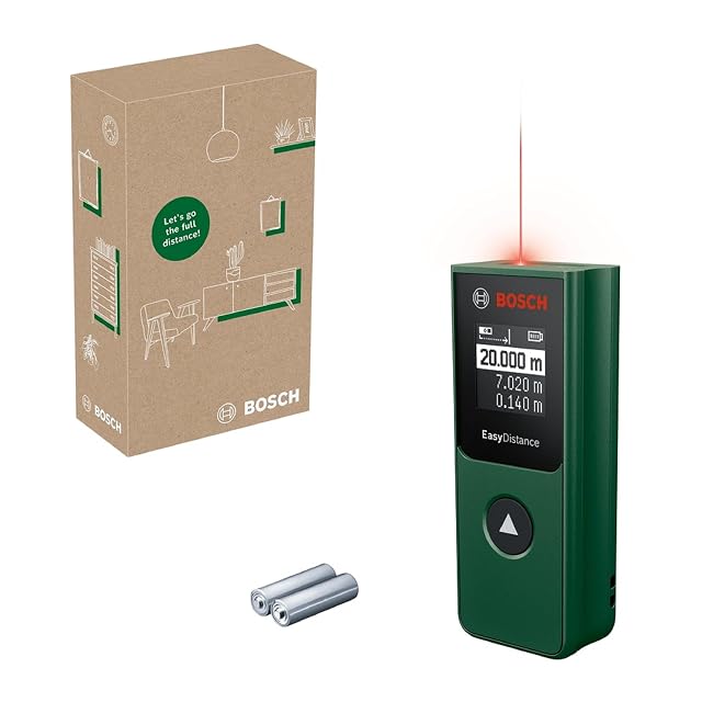 Bosch EasyDistance 20 Laser-Entfernungsmesser, ein kleines grün-schwarzes Gehäuse mit einer einzigen Taste
